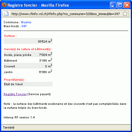 Exemple d'informations du registre foncier. Cliquer pour agrandir. Fenêtre du registre foncier