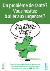 Affiche de la campagne : une croix, emblême des pharmacies, dit "Sollicitez-nous".