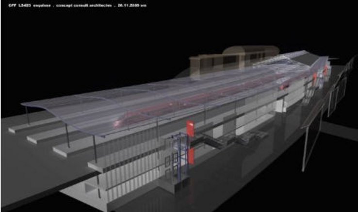 Image de synthèse: quais de la gare de Lausanne prolongés vers l'ouest.
