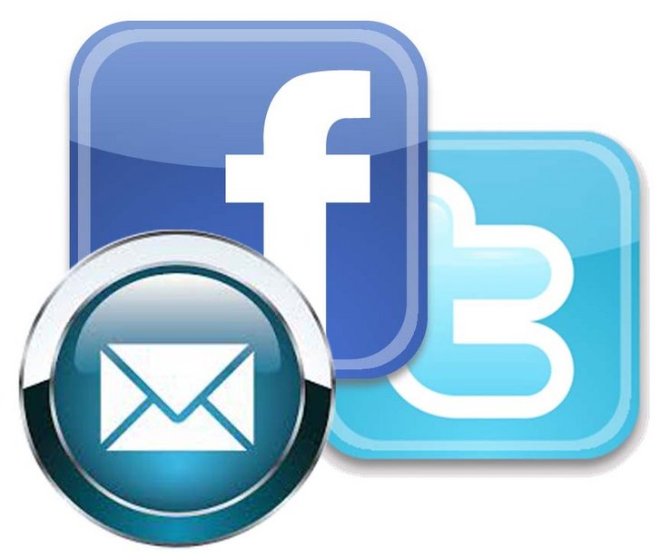 Trois icones représentant Twitter, Facebook et le courrier électronique.