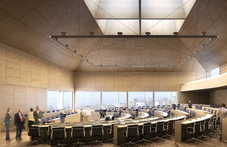 Image de synthèse de la future salle du Parlement. Quelques députés debout. Au fond, des baies vitrées avec vue sur la perspective de la Borde.