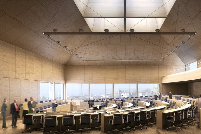 Image de synthèse de la future salle du Parlement. Quelques députés debout. Au fond, des baies vitrées avec vue sur la perspective de la Borde.