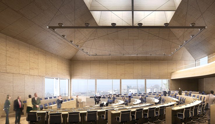 Image de synthèse de la future salle du Parlement. Quelques députés debout. Au fond, des baies vitrées avec vue sur la perspective de la Borde.