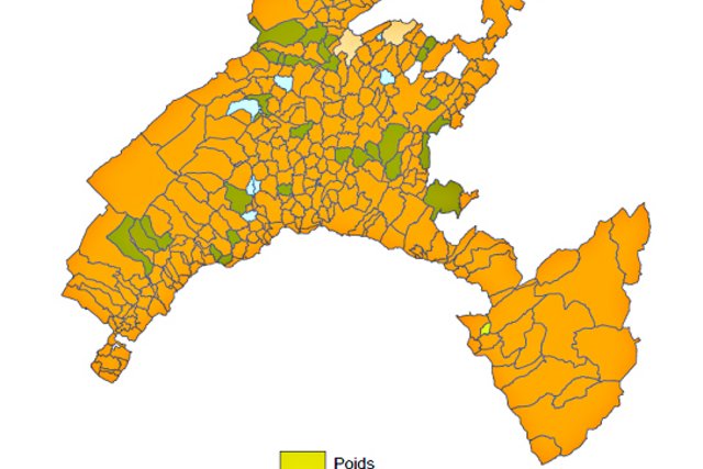 carte du canton faisant ressortir les communes et les différents modes de taxation choisis. La solution taxe au sac + forfait domine clairement.