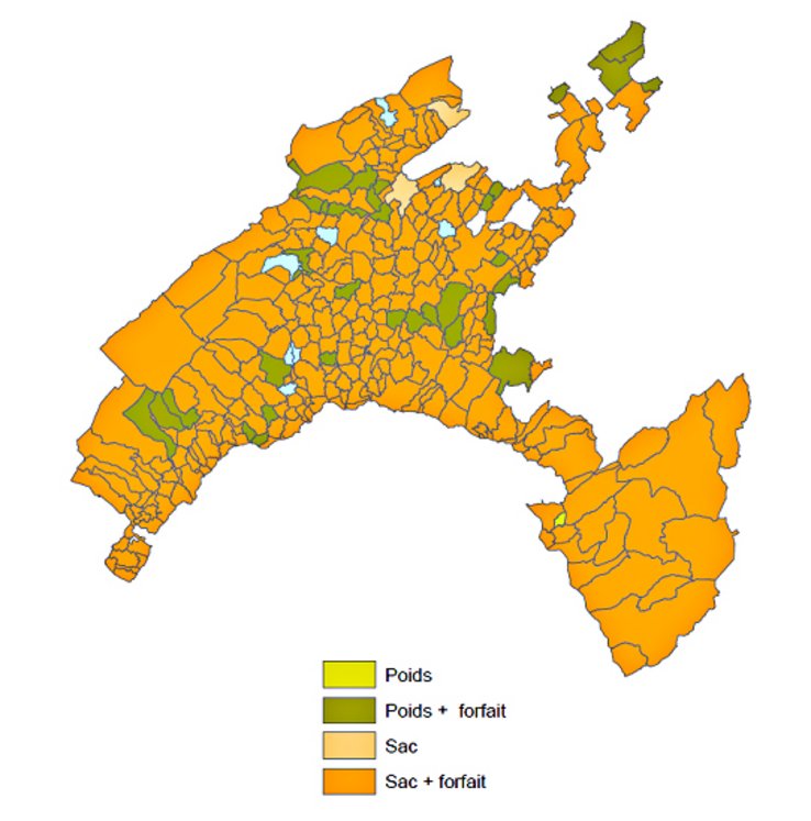 carte du canton faisant ressortir les communes et les différents modes de taxation choisis. La solution taxe au sac + forfait domine clairement.