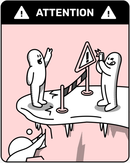 Illustration humoristique qui montre Popi sur le bord d'une falaise de glace
