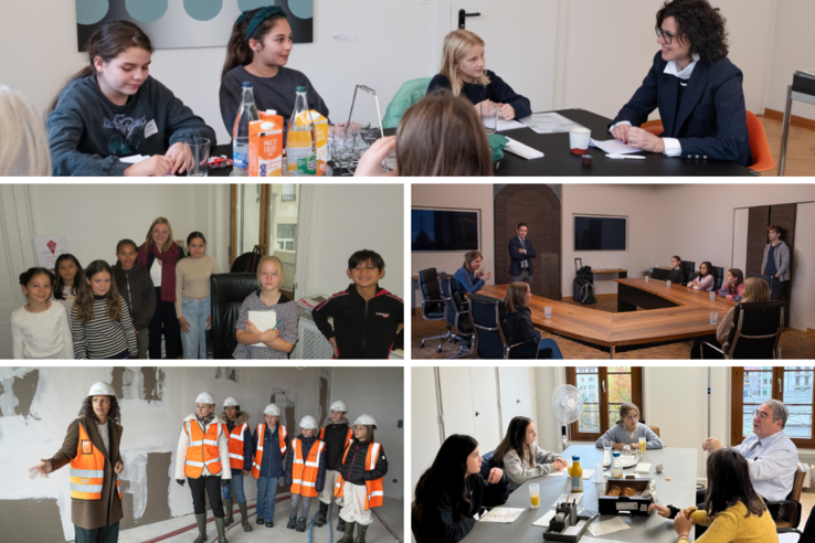 mosaique de photos des conseillers d'etat avec des élèves pendant la JOM