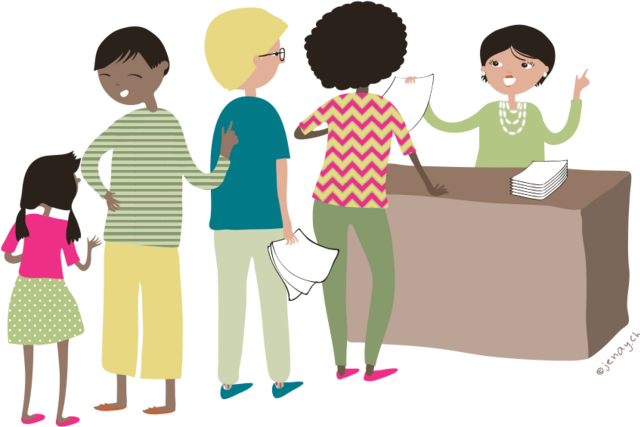 Illustration d'une permanence avec un guichet et une fille d'attente.