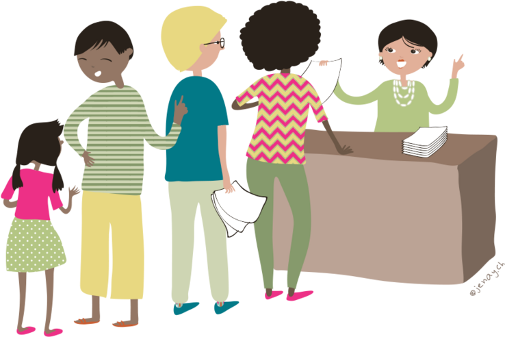 Illustration d'une permanence avec un guichet et une fille d'attente.