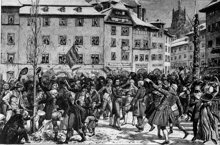 Une foule sur la place de la Palud. Un drapeau République lémanique est dressé. Des gens aux fenêtres