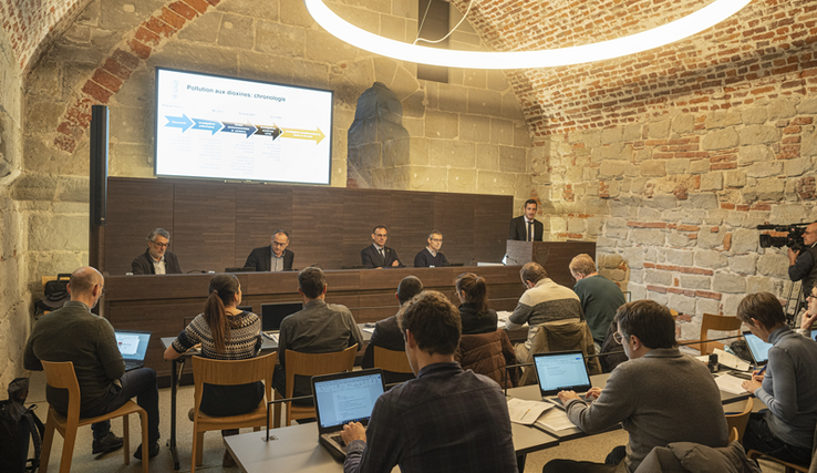 Les représentants des autorités face aux journalistes lors de la conférence de presse au château cantonal