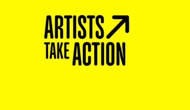 Logo de la campagne "Artists take action" sur fond jaune