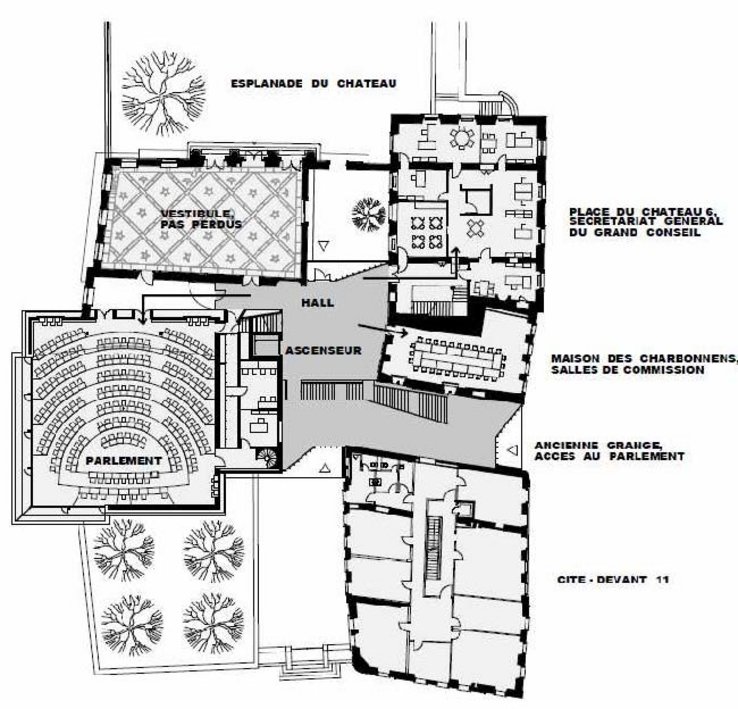 Plan d'architecte du Parlement et des bâtiments adjacents.