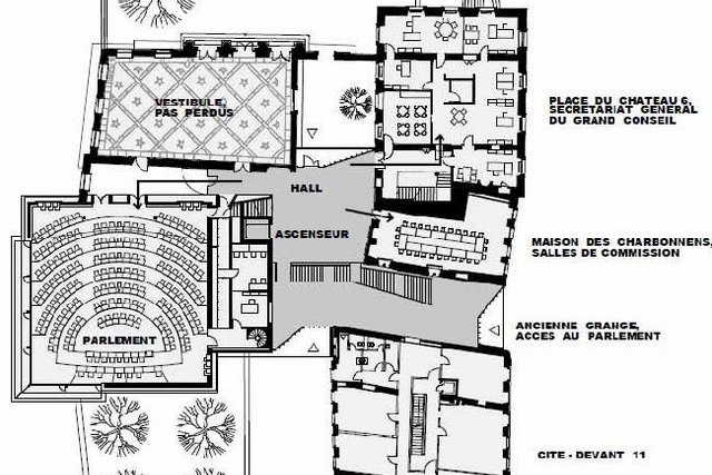 Plan d'architecte du Parlement et des bâtiments adjacents.