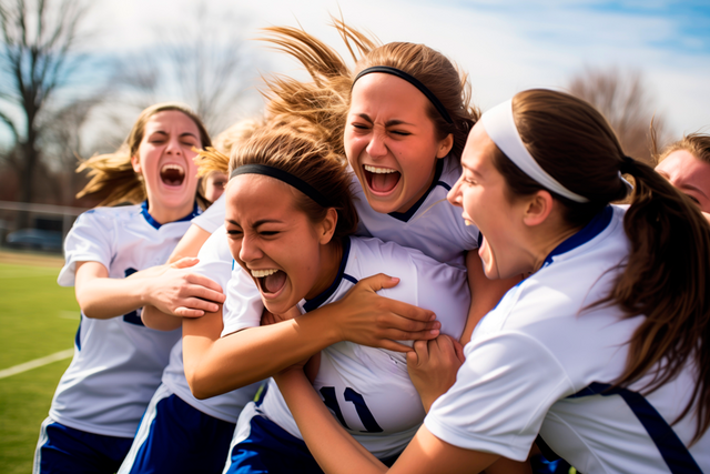 Image générée par l'IA: groupe de jeunes footballeuses se congratulent après un but marqué.