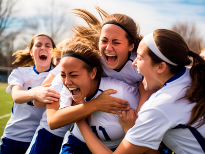 Image générée par l'IA: groupe de jeunes footballeuses se congratulent après un but marqué.