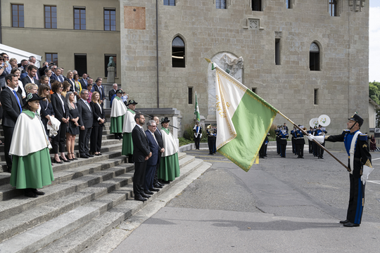 A gauche, les personnages sont alignés sur les marches du grand escalier, face à un personnage en uniforme de parade qui se tient sur la place et présente la bannière du canton. Au fond, le château Saint-Maire.