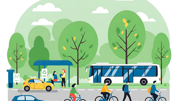 Illustration: piétons, vélos, bus, autos
