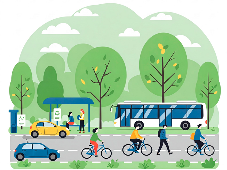 Illustration: piétons, vélos, bus, autos
