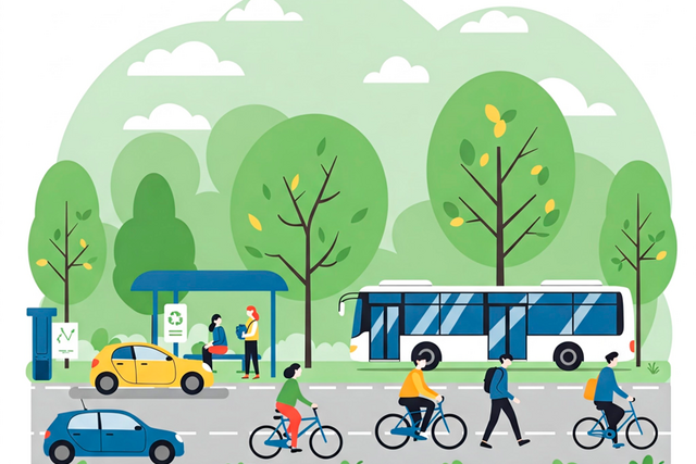 Illustration: piétons, vélos, bus, autos