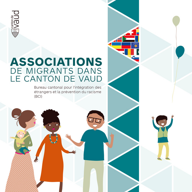 Couverture de la brochure "associations de migrants". Illustrations de personnages de différentes origines en interaction.