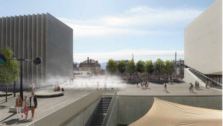 Vue du périmètre entre les deux bâtiments MCBA et Elysée-mudac. On voit des arbres et la toile qui couvre le patio, dont le niveau est inférieur à celui du sol de la plateforme.