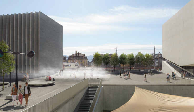 Vue du périmètre entre les deux bâtiments MCBA et Elysée-mudac. On voit des arbres et la toile qui couvre le patio, dont le niveau est inférieur à celui du sol de la plateforme.