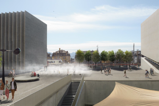 Vue du périmètre entre les deux bâtiments MCBA et Elysée-mudac. On voit des arbres et la toile qui couvre le patio, dont le niveau est inférieur à celui du sol de la plateforme.