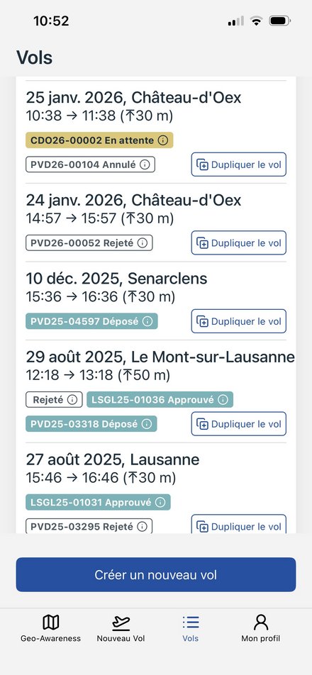 Extrait de l'application Swiss U-Space