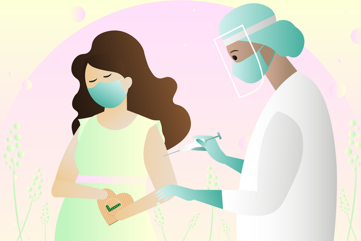 Dessin: une femme se fait vacciner. Sur son ventre, le symbole actuel de la campagne de vaccination (un sparadrap en forme de coeur)