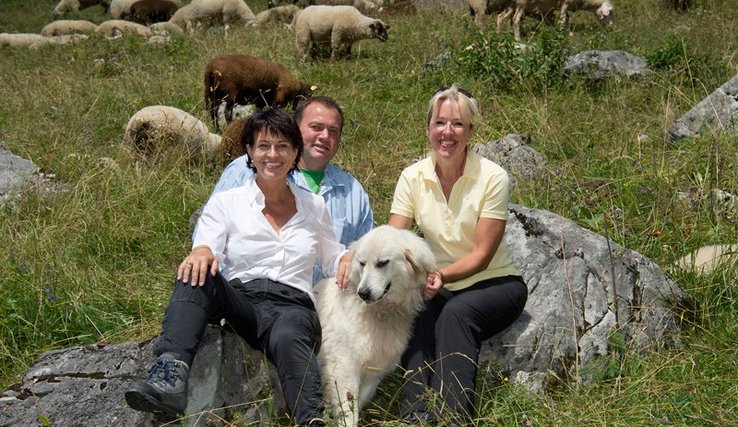 Les trois personnages posent dans un pâturage avec le chien; derrière, on voit des moutons.