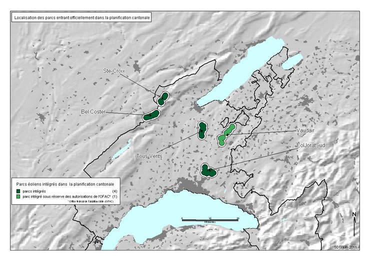 Carte des parcs éoliens entrant dans la planification vaudoise.