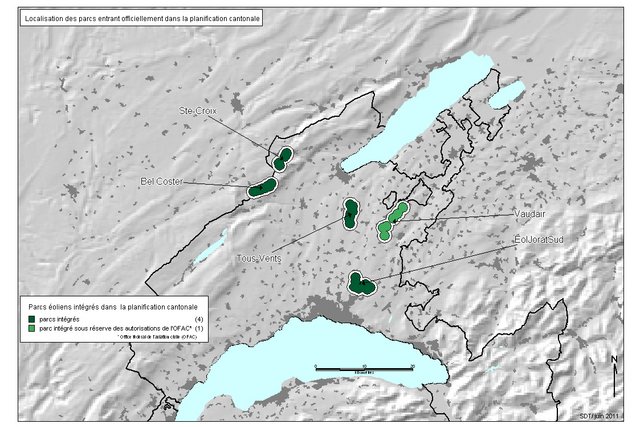 Carte des parcs éoliens entrant dans la planification vaudoise.