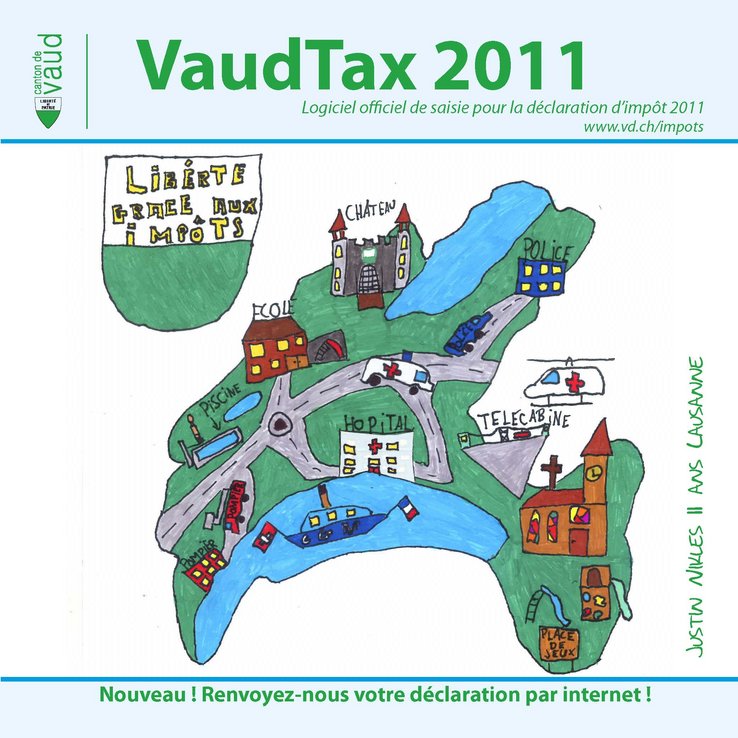 Logo de VaudTax 2011 (dessin d'enfant, carte du canton de Vaud).