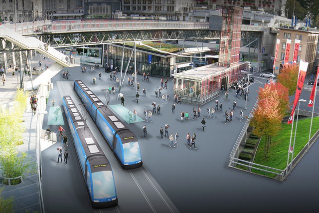 Photo-montage du projet de gare du tram sur la place de l'Europe