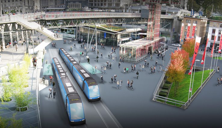 Photo-montage du projet de gare du tram sur la place de l'Europe