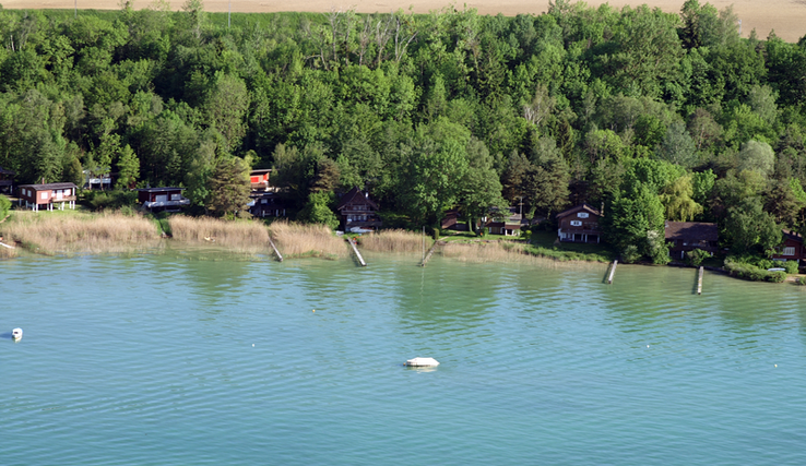 Les petits chalets édifiés dans les réserves naturelles. Vue d'avion de quelques petits cabanons situés directement sur la rive, dans le cordon boisé. Photo prise en 2009.