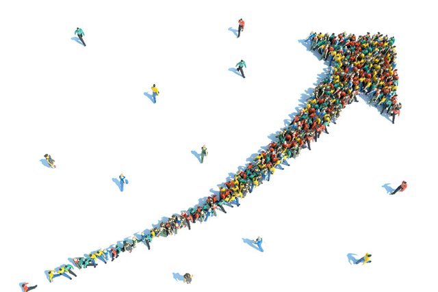 Illustration: une flèche composée de personnes, pointant la direction haute