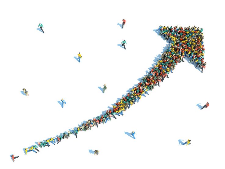 Illustration: une flèche composée de personnes, pointant la direction haute