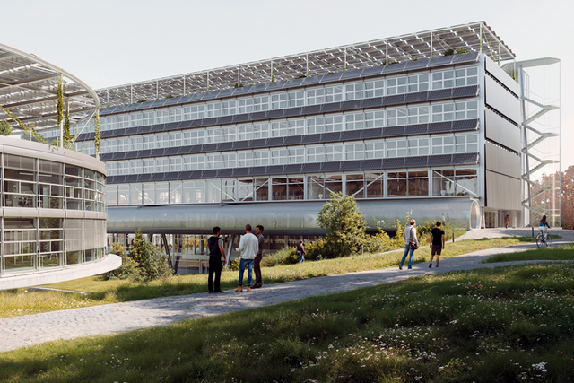 image de synthèse du bâtiment projeté avec quelques étudiants sur la pelouse