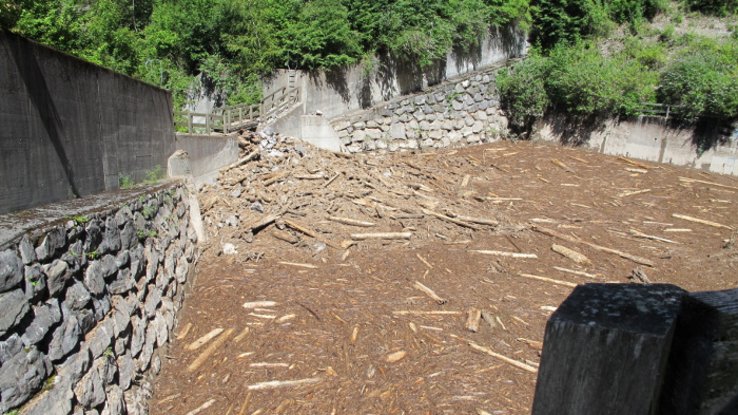 Large bassin bordé de hauts murs, certains en moellons, d'autres en béton. Bassin rempli de débris de bois. Au fond, le déversoir contre lequel s'accumule le bois.