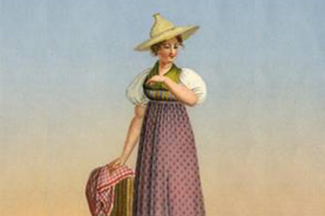 Femme portant un "chapeau à borne" typique et un costume en vogue au début du 19e siècle.