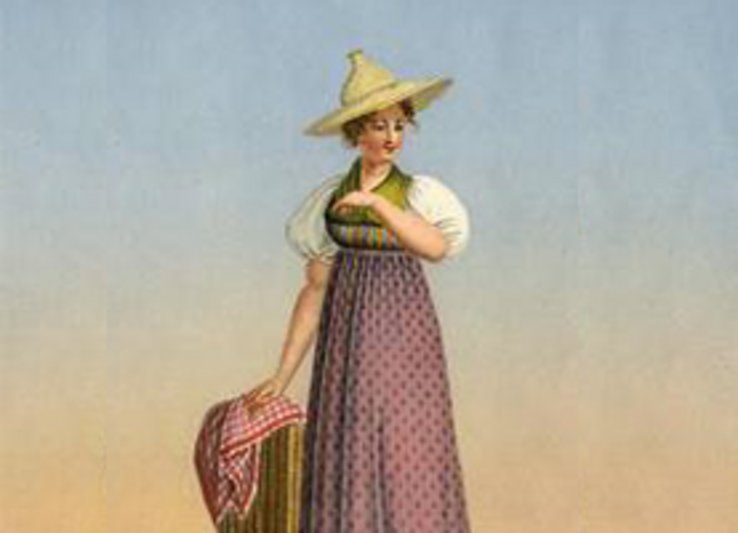 Femme portant un "chapeau à borne" typique et un costume en vogue au début du 19e siècle.