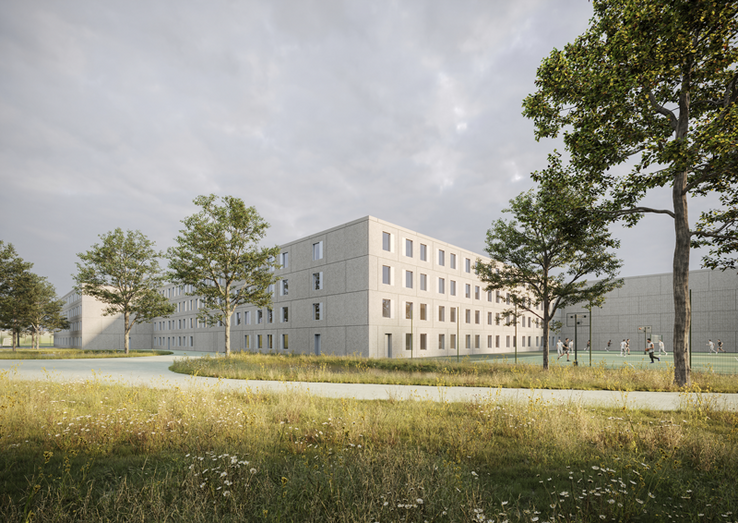 Image de synthèse: un bâtiment carcéral de 4 niveaux. A côté, un terrain de sport grillagé avec quelques prisonniers jouant au basket.