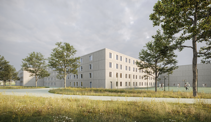 Image de synthèse: un bâtiment carcéral de 4 niveaux. A côté, un terrain de sport grillagé avec quelques prisonniers jouant au basket.