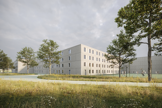 Image de synthèse: un bâtiment carcéral de 4 niveaux. A côté, un terrain de sport grillagé avec quelques prisonniers jouant au basket. 