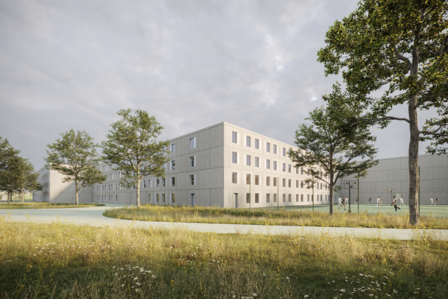 Image de synthèse: un bâtiment carcéral de 4 niveaux. A côté, un terrain de sport grillagé avec quelques prisonniers jouant au basket.