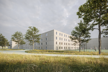 Image de synthèse: un bâtiment carcéral de 4 niveaux. A côté, un terrain de sport grillagé avec quelques prisonniers jouant au basket. 