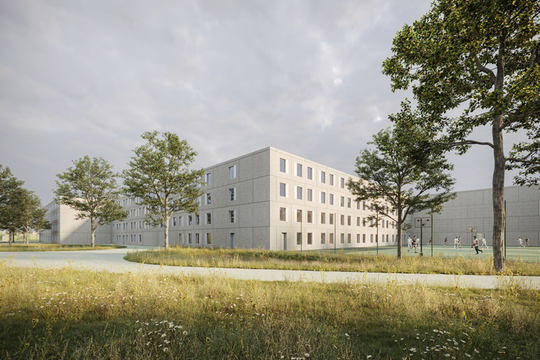Image de synthèse: un bâtiment carcéral de 4 niveaux. A côté, un terrain de sport grillagé avec quelques prisonniers jouant au basket. 