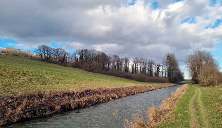 Une vue de la Venoge en amont de Penthalaz. Le terrain monte sur la gauche. Quelques nuages dans le ciel. Un sentier le long de la rive gauche.